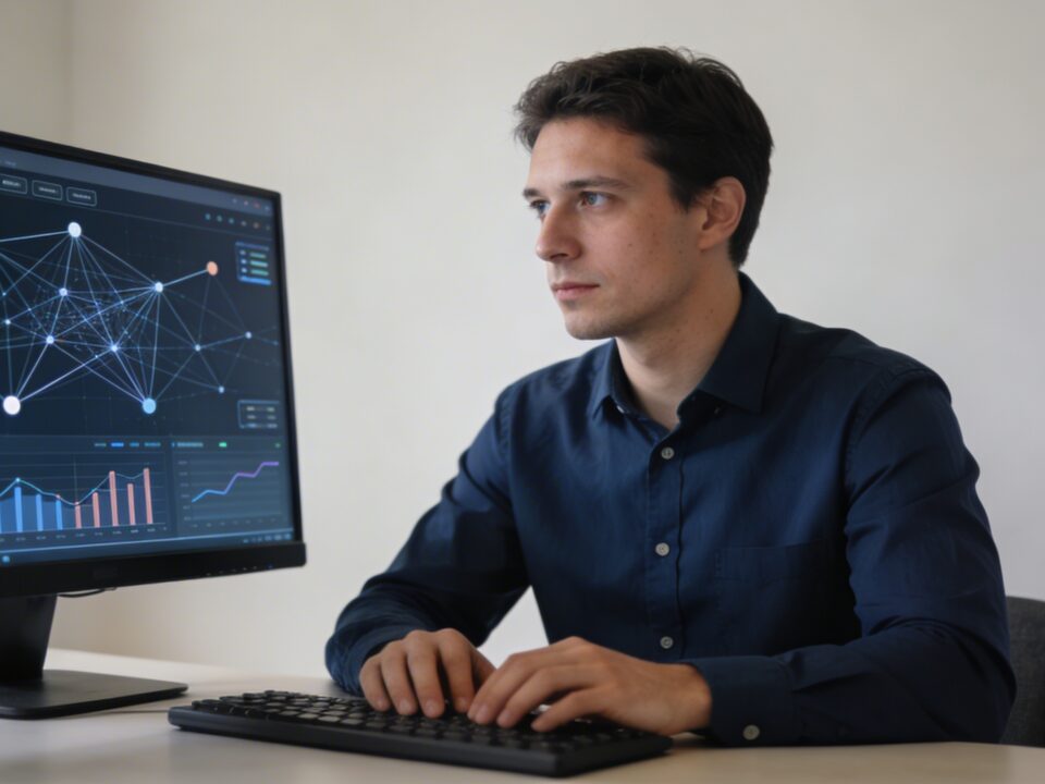 Analyste informatique surveillant ecran avec graphiques reseau