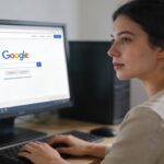 Femme assise devant ordinateur consultant page de compte Google