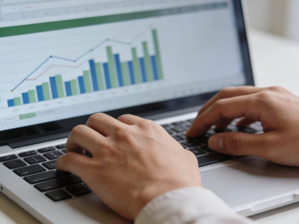 mains tapant sur clavier devant ecran montrant graphique excel