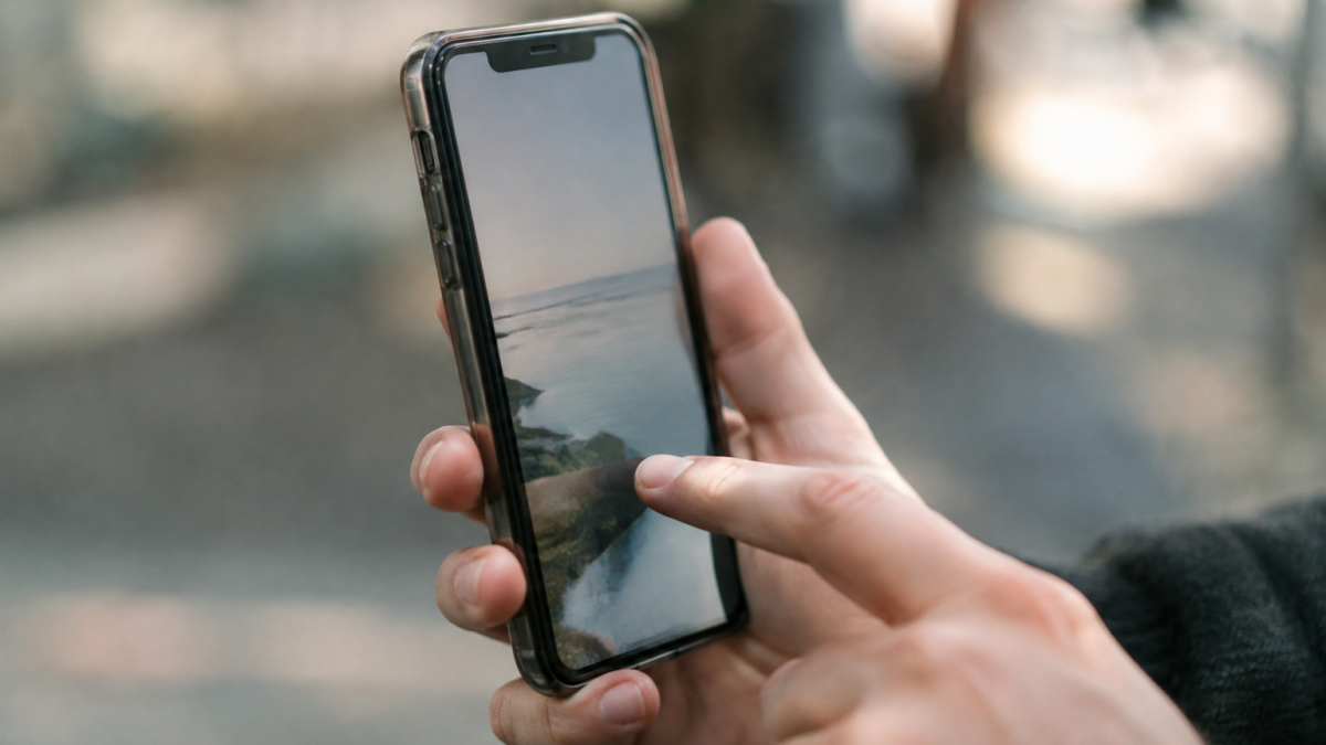 Doigt appuyant sur ecran tactile smartphone tenu verticalement