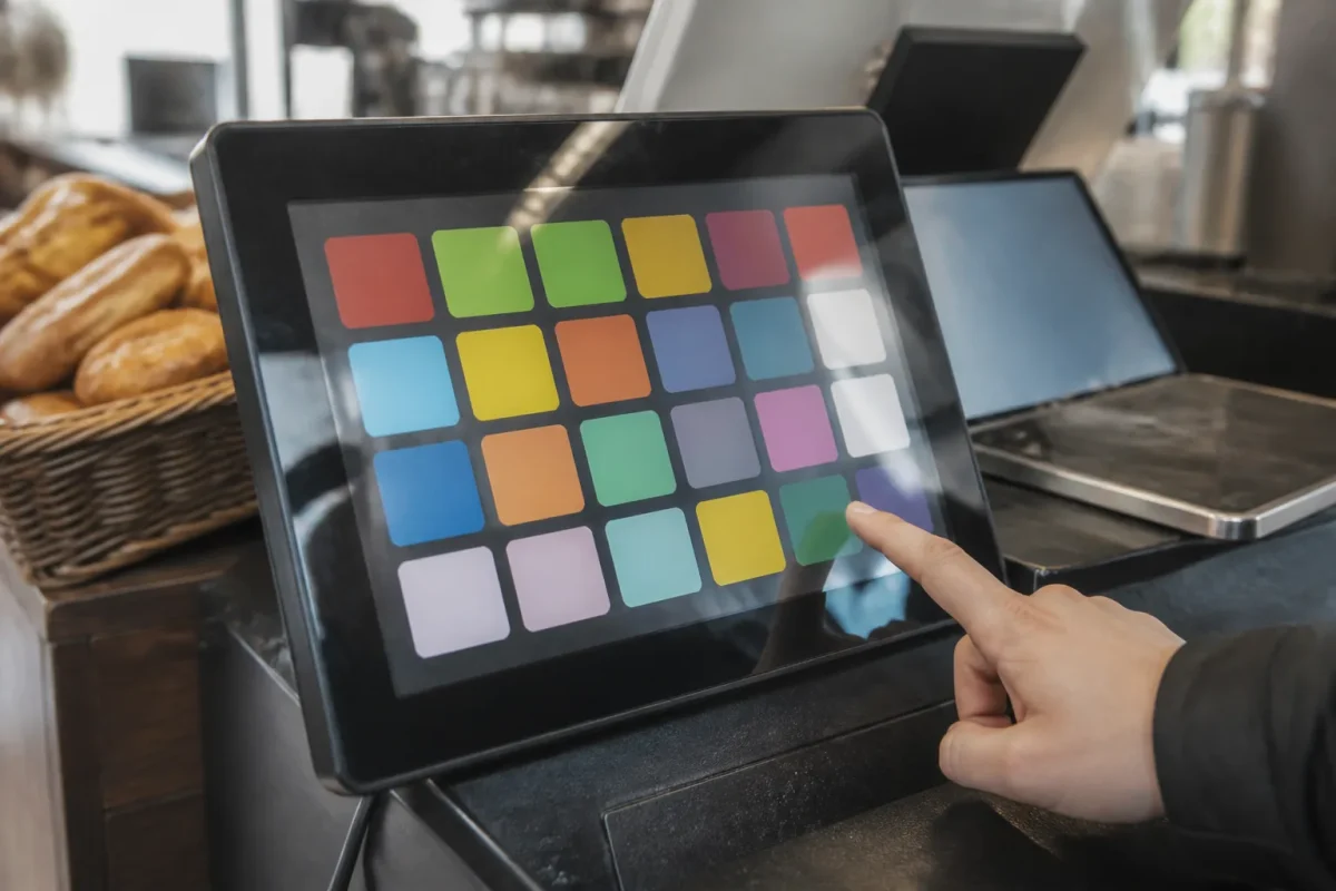 Caisse tactile avec boutons colores pour boissons et viennoiseries