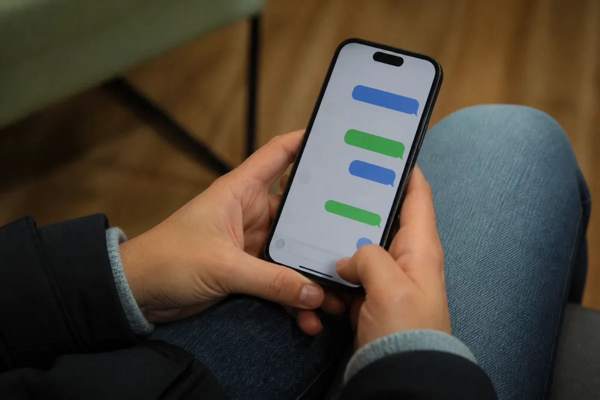 Ecran iPhone avec bulles de messages bleue et verte