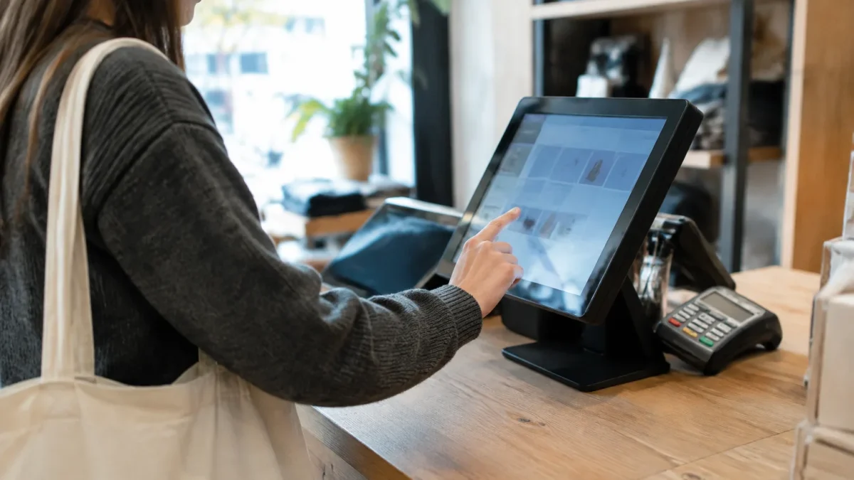 Main pressant un ecran tactile sur comptoir de magasin