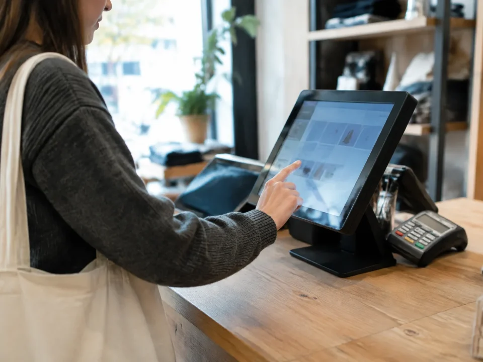 Main pressant un ecran tactile sur comptoir de magasin