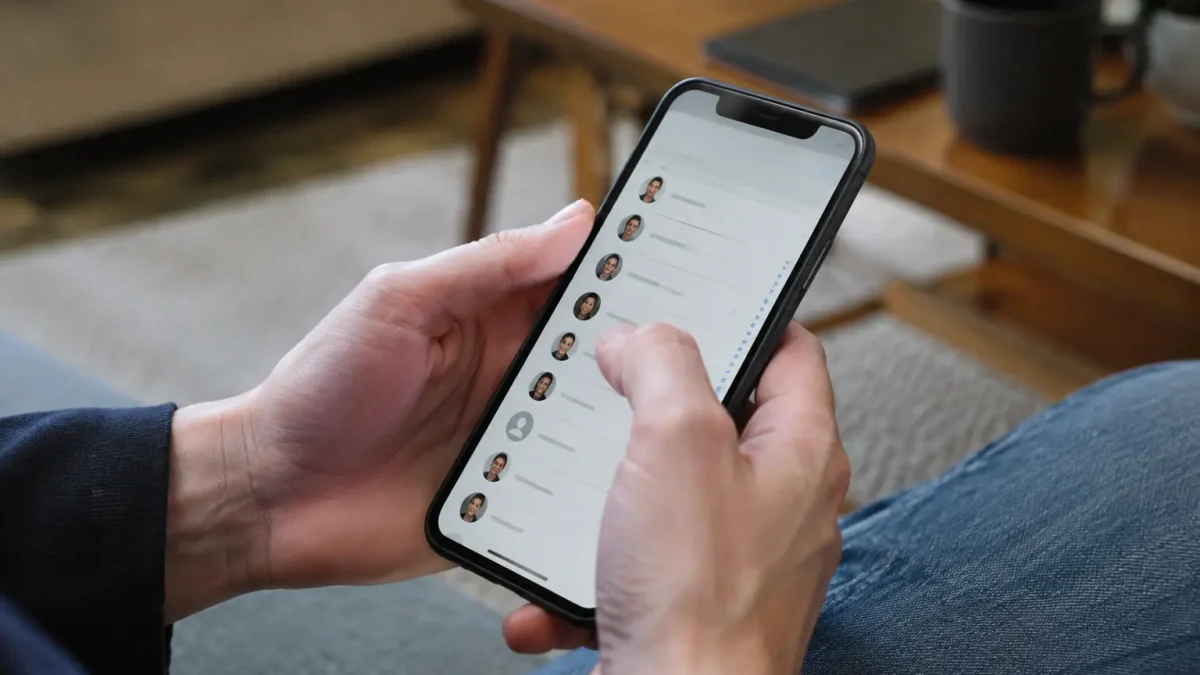 Main tenant un smartphone, pouce pressant liste de contacts
