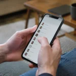 Main tenant un smartphone, pouce pressant liste de contacts
