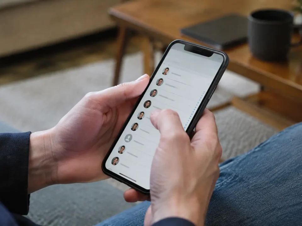 Main tenant un smartphone, pouce pressant liste de contacts