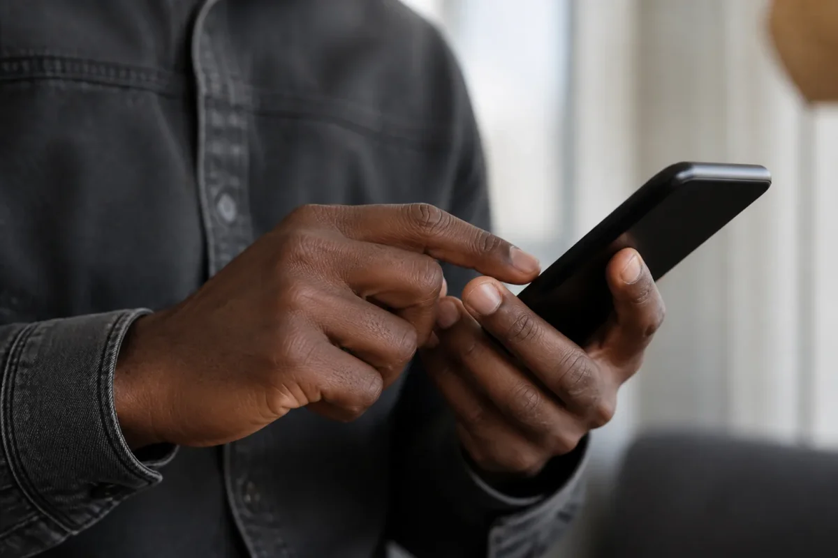 Main tenant smartphone affichant bulle de message bleue