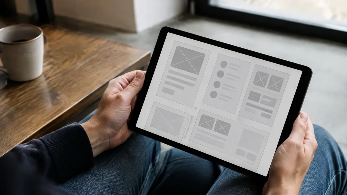 Mains tenant une tablette affichant une maquette de wireframe