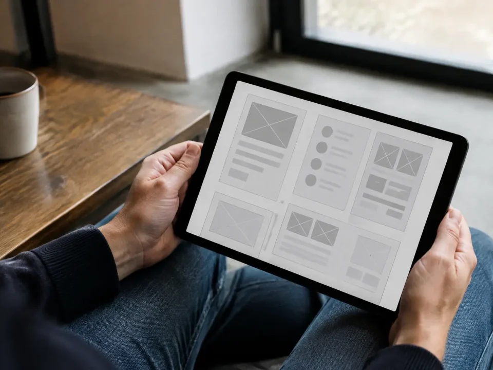Mains tenant une tablette affichant une maquette de wireframe