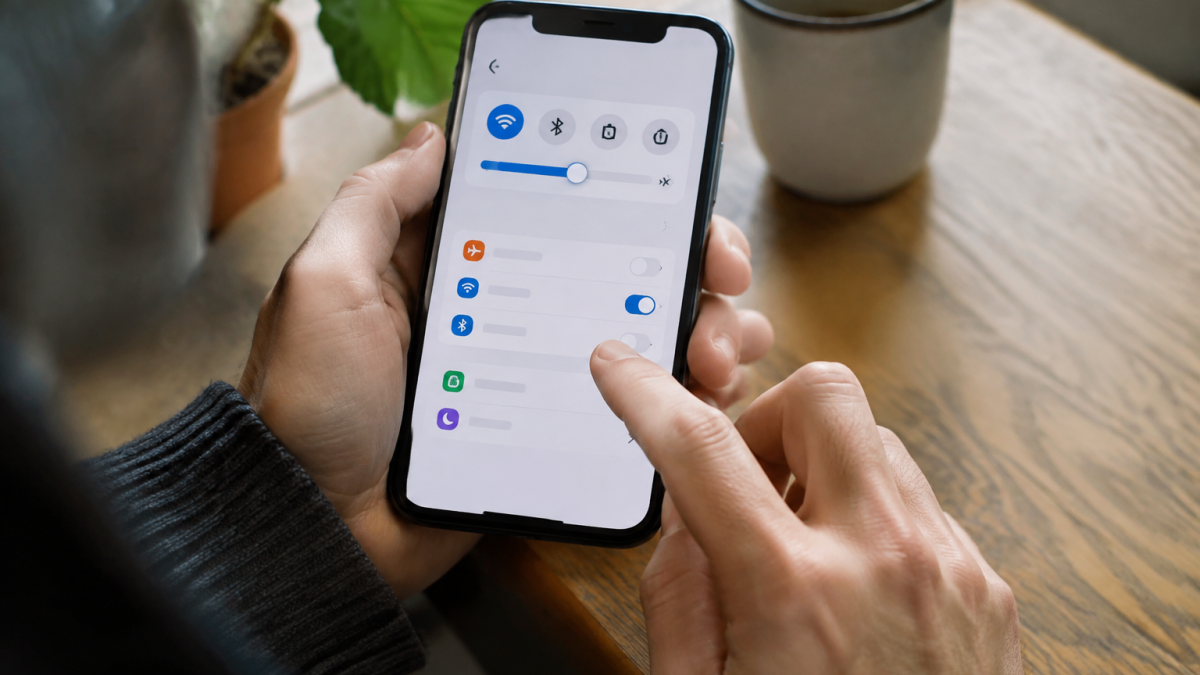 Mains positionnees sur telephone affichant parametres reglages