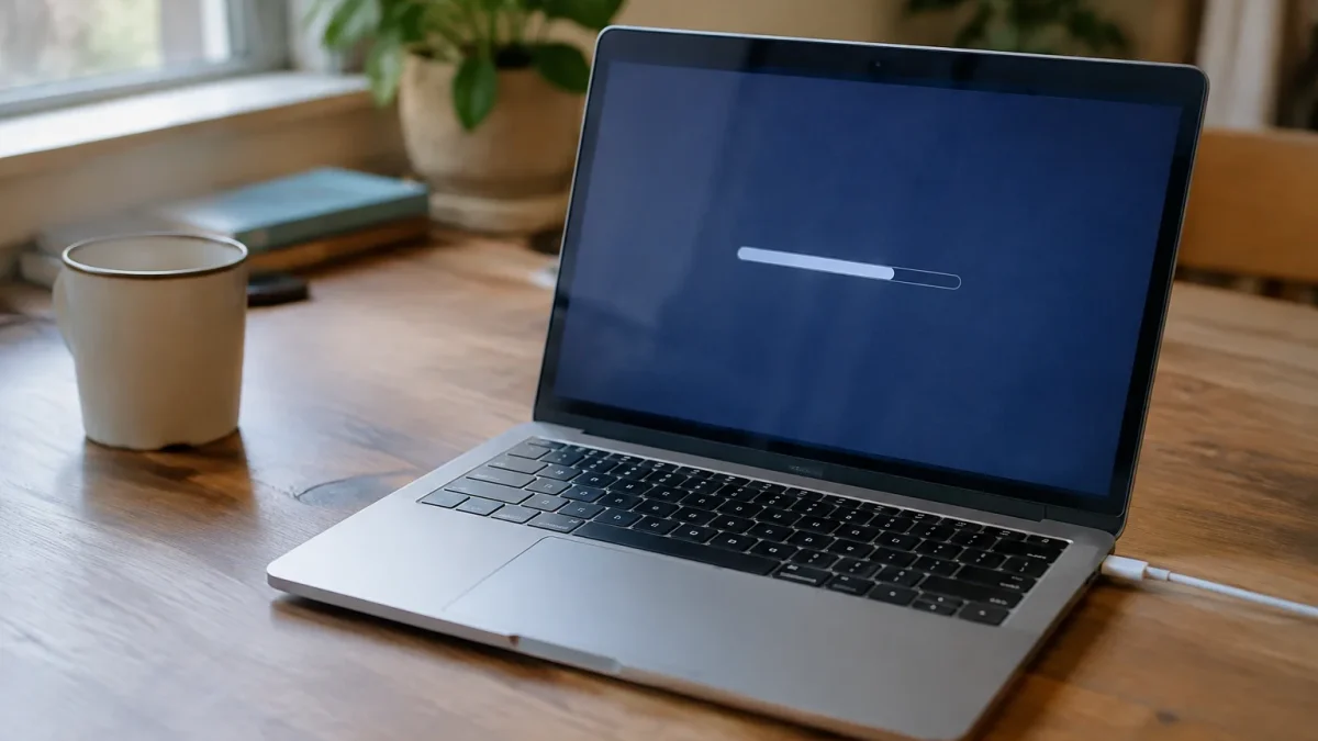 Ordinateur portable ouvert sur bureau, barre de chargement