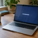 Ordinateur portable ouvert sur bureau, barre de chargement