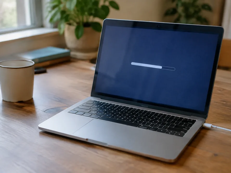 Ordinateur portable ouvert sur bureau, barre de chargement