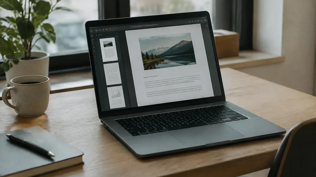 Ordinateur portable posé sur un bureau affichant un PDF