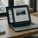 Ordinateur portable posé sur un bureau affichant un PDF