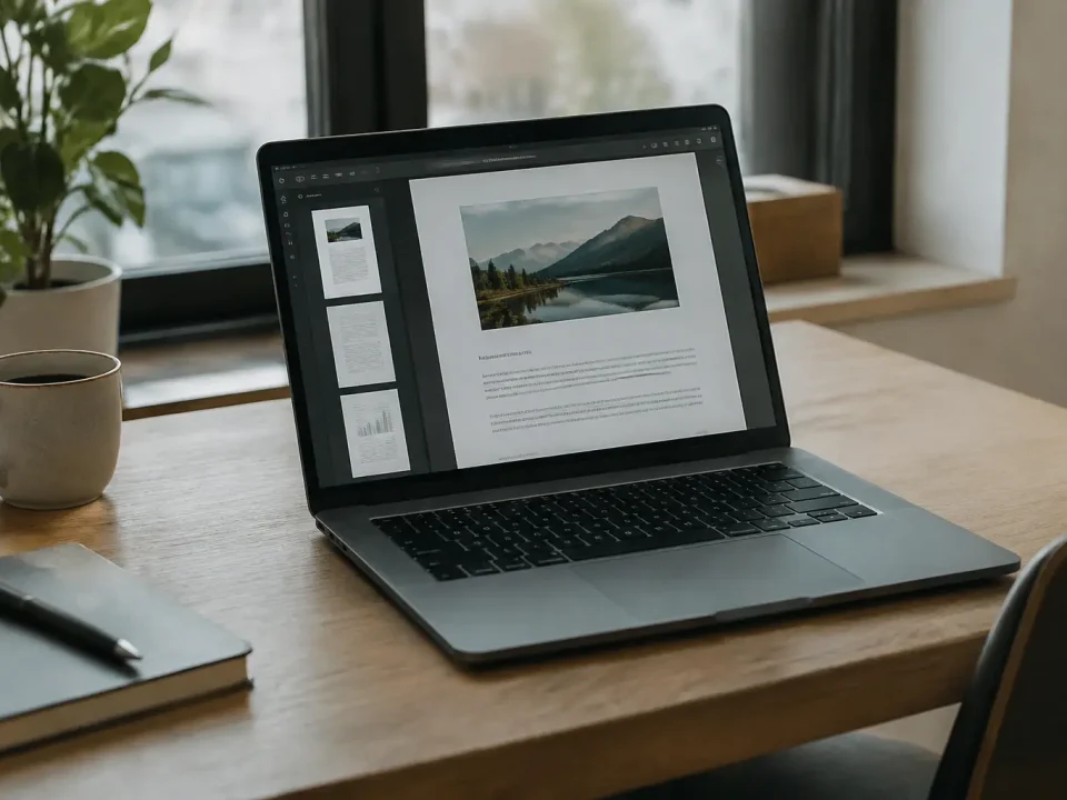 Ordinateur portable posé sur un bureau affichant un PDF