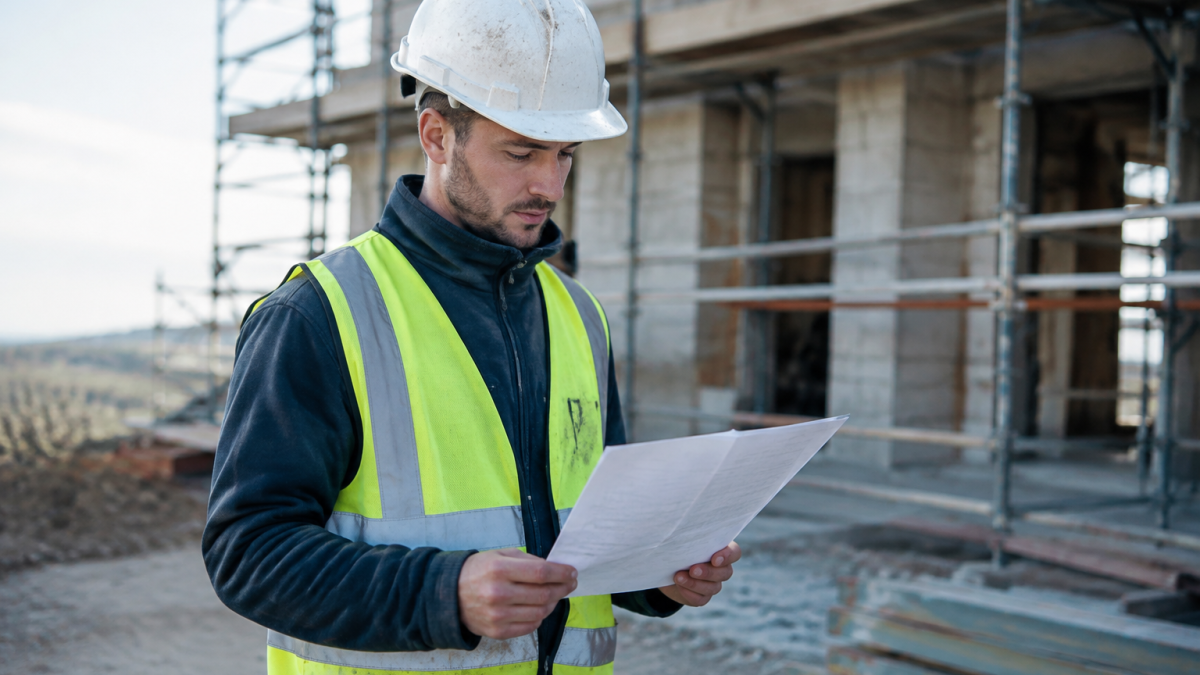 Ouvrier casque debout tenant fiche imprimee sur chantier