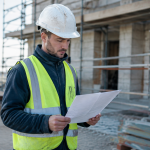 Ouvrier casque debout tenant fiche imprimee sur chantier