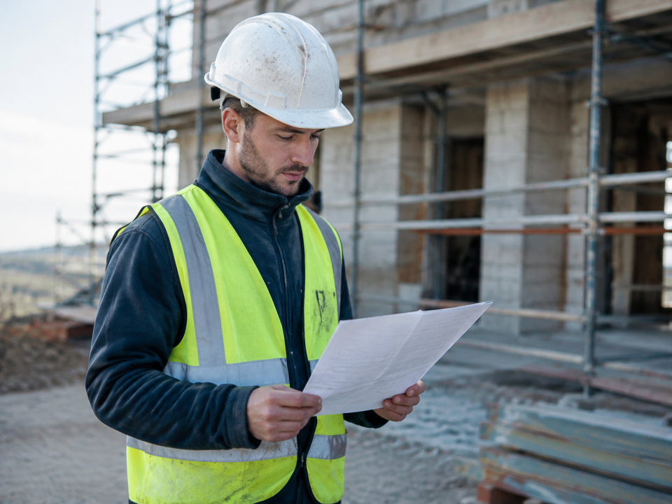 Ouvrier casque debout tenant fiche imprimee sur chantier