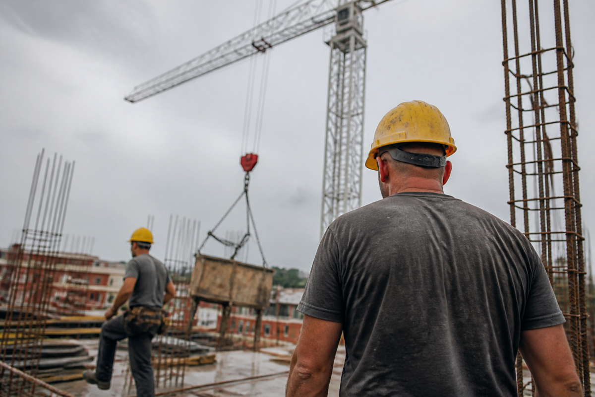 Ouvriers casques jaunes sur chantier avec grue