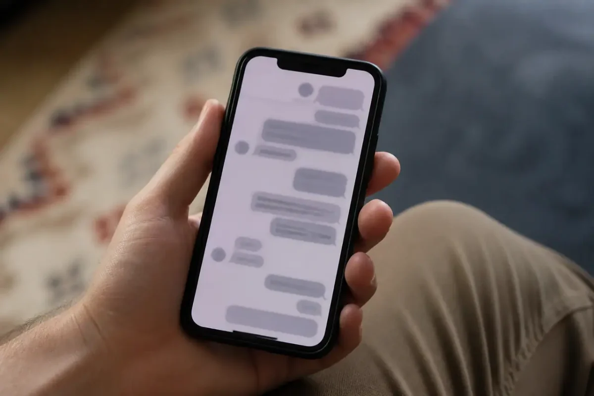 Smartphone affichant une application Messenger avec conversation grisee