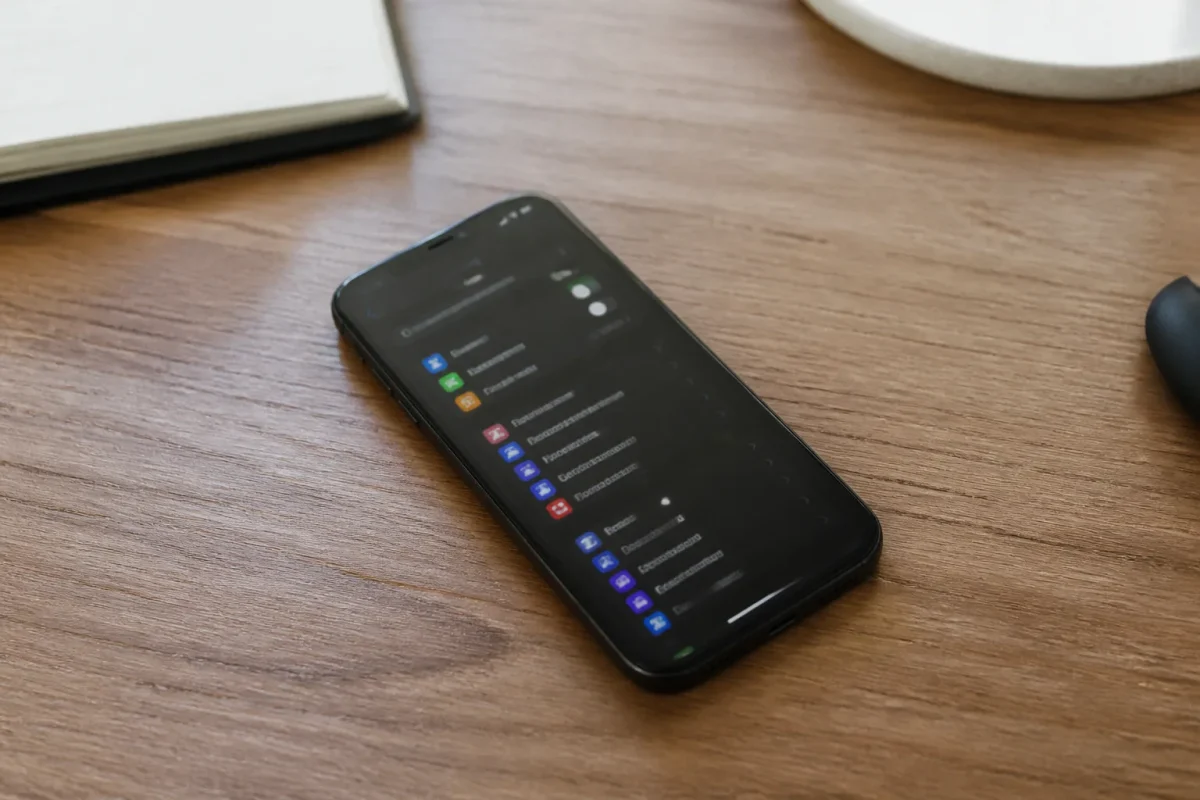 Smartphone pose sur un bureau, ecran de reglages ouvert