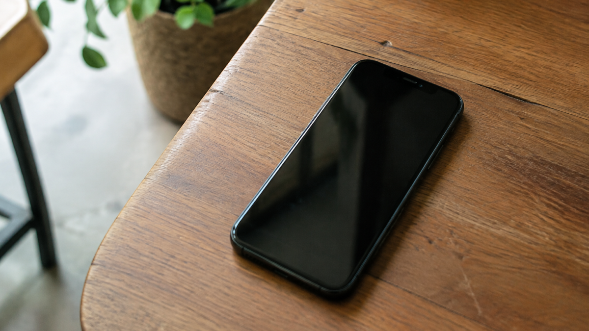 Smartphone noir pose sur table en bois