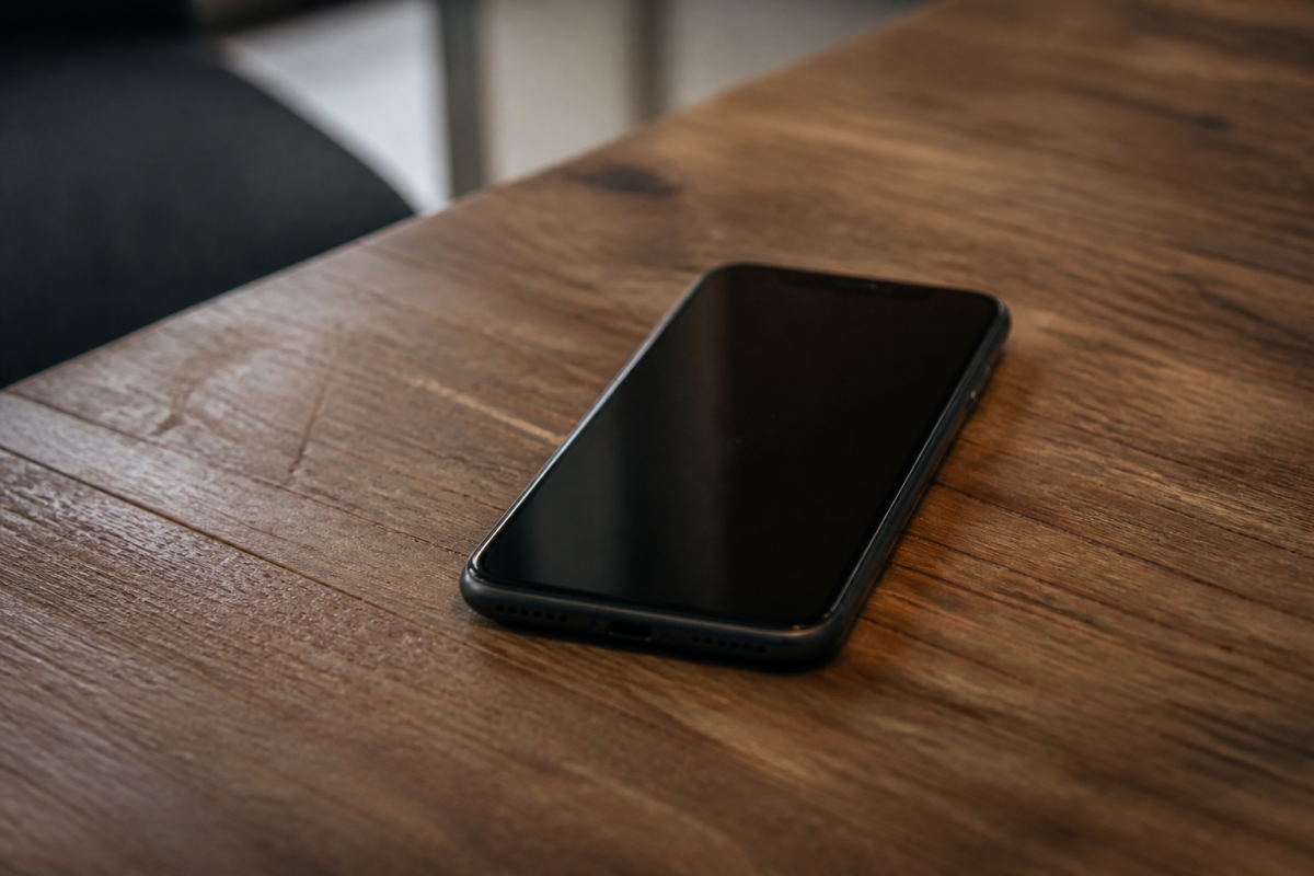 Smartphone noir pose sur une table en bois