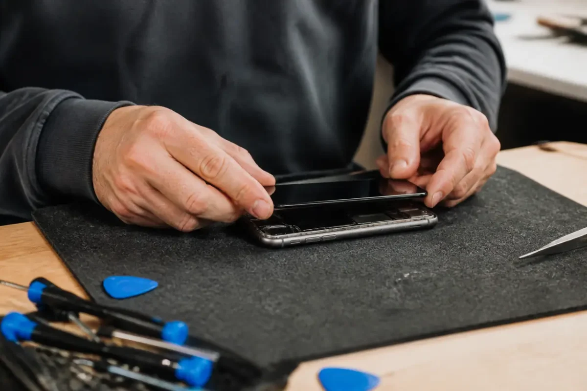 Technicien posant une dalle neuve sur un iPhone ouvert