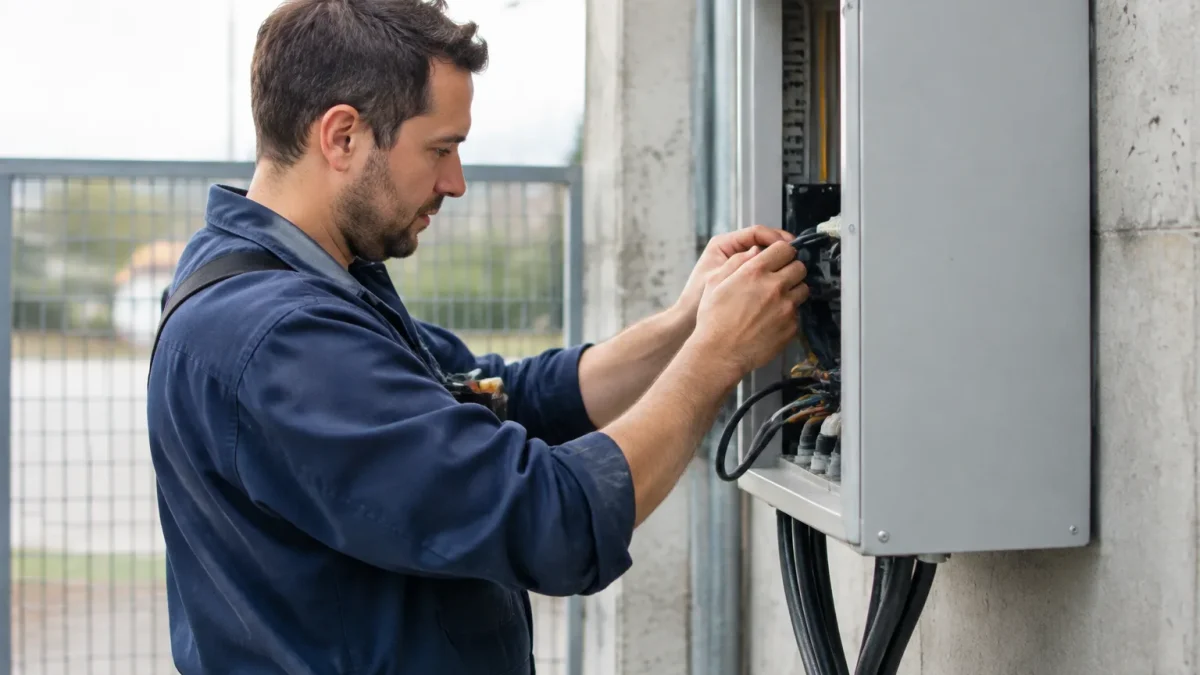 Technicien debout branche des cables sur boitier gris