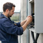 Technicien debout branche des cables sur boitier gris