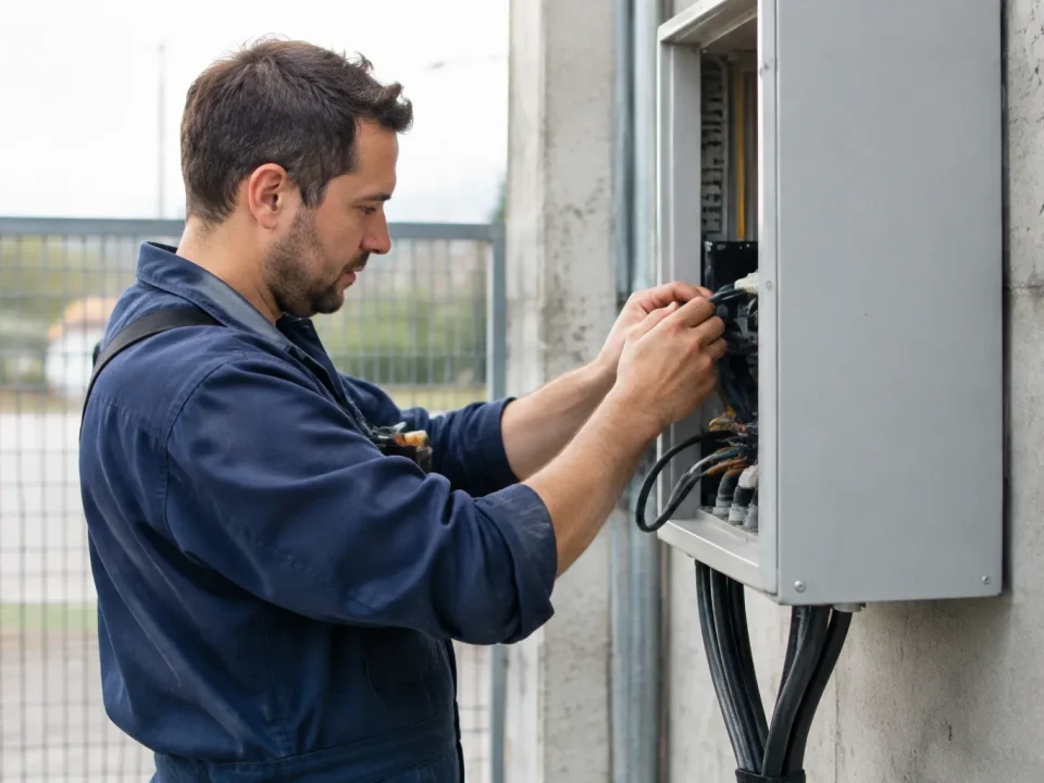 Technicien debout branche des cables sur boitier gris