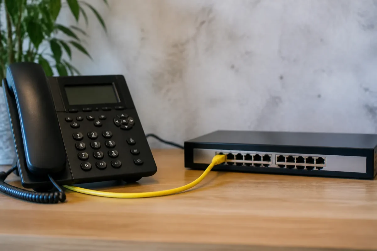 Telephone IP branche sur switch avec cable Ethernet jaune